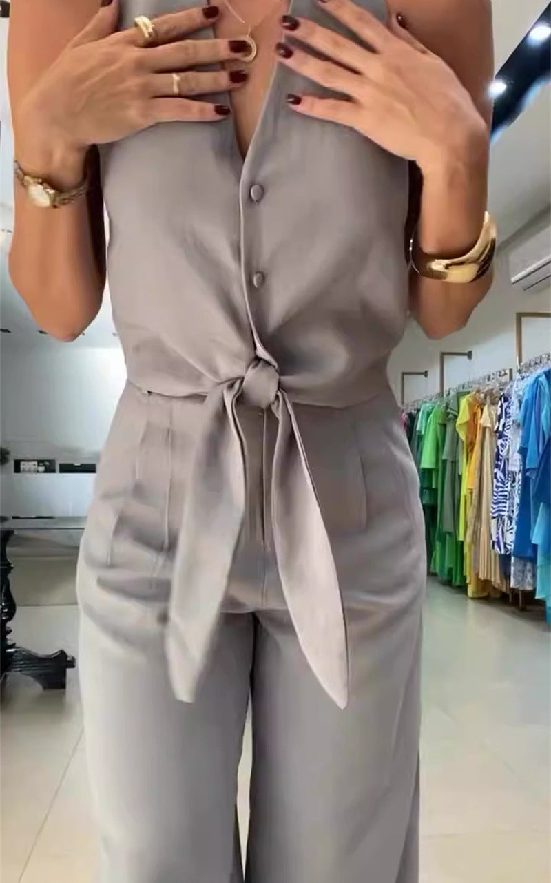Elegant gray tie-waist jumpsuit from Langry fashion collection, perfect ملابس for office wear