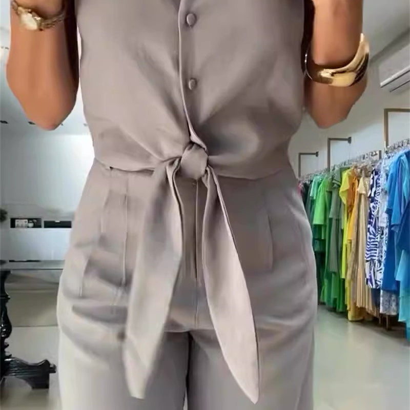 Elegant gray tie-waist jumpsuit from Langry fashion collection, perfect ملابس for office wear
