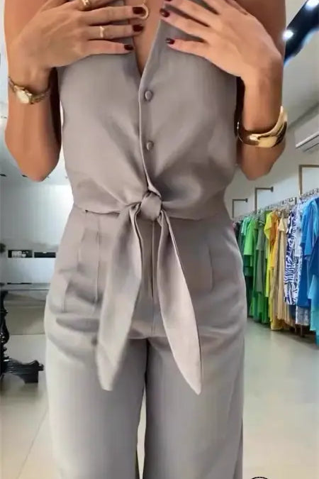 Elegant office jumpsuit set with gray tie-waist design
