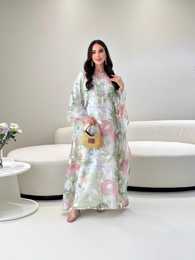 Enchanting embroidered floral print kaftan dress with langry fashion long sleeves