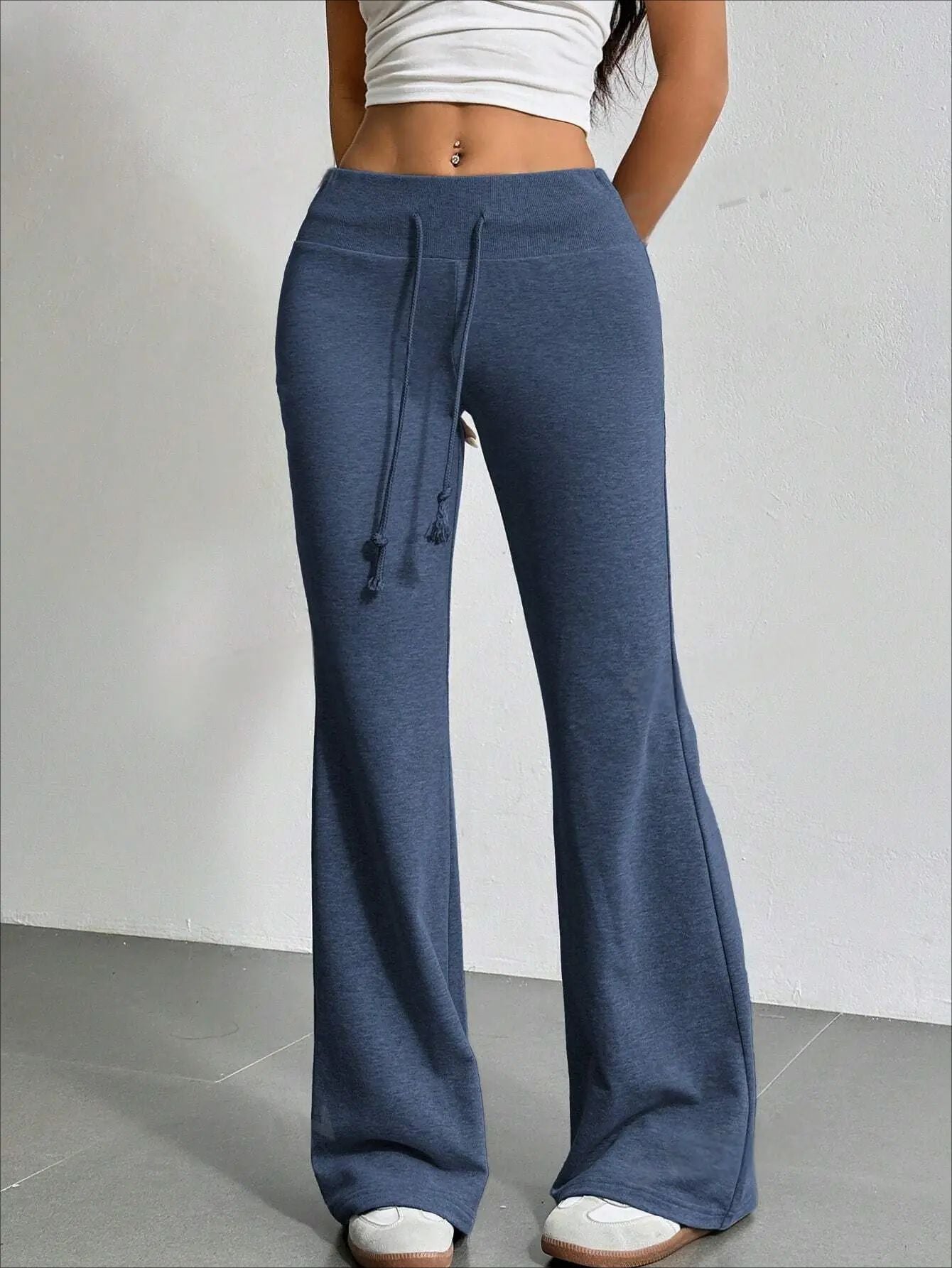 Blue drawstring flared pants from High Waist Casual Solid Color Bell Bottom Pants collection