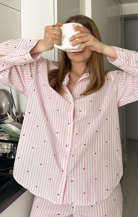 Pink polka dot Langry fashion pajama set with white piping