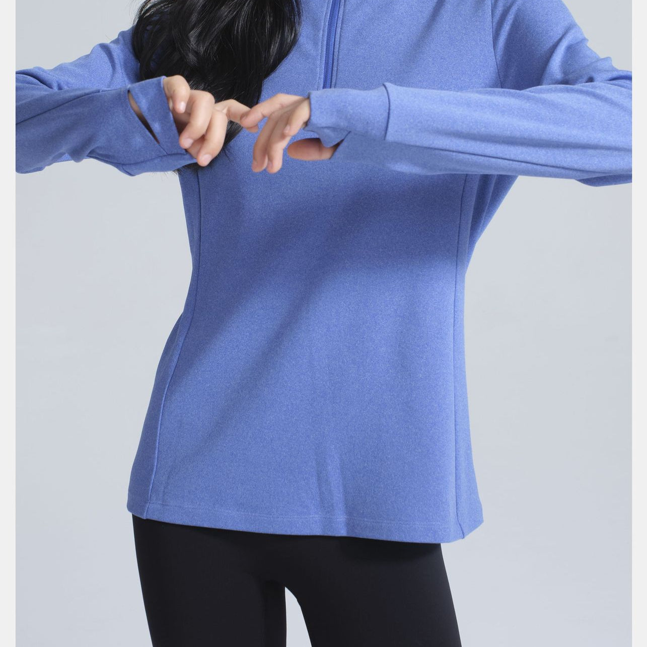 Winter Thermal Velvet Long Sleeved Yoga Jacket in periwinkle blue with thumbholes for stylish athleisure