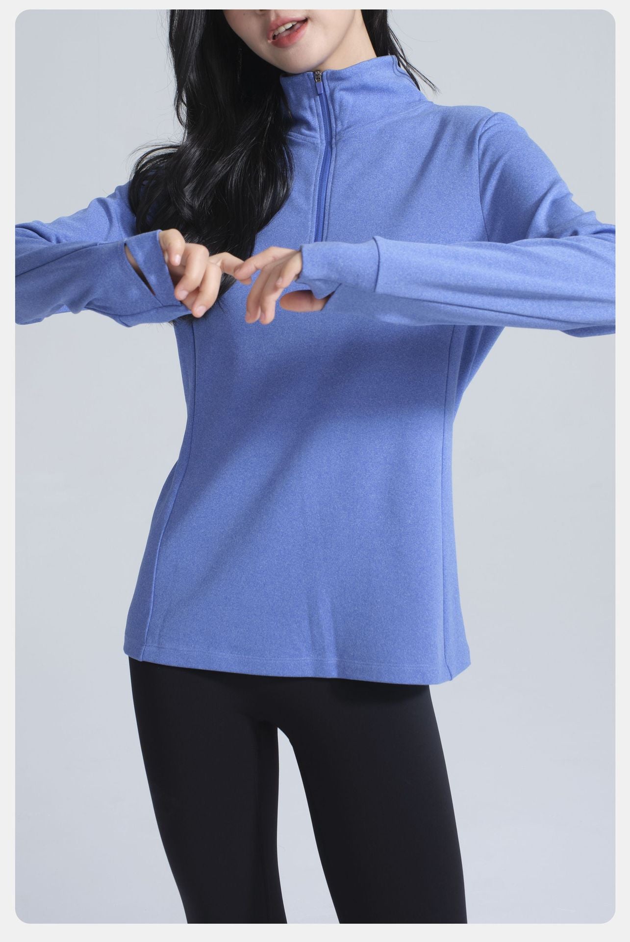 Winter Thermal Velvet Long Sleeved Yoga Jacket in periwinkle blue with thumbholes for stylish athleisure