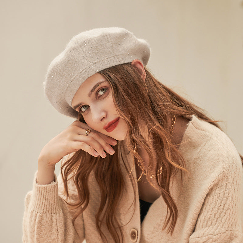 Beige beret with embellishments from Winter Knitting Hat for fashionable ملابس and style