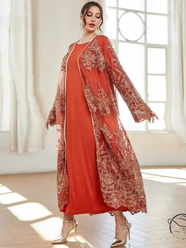 Flowing coral-orange langry fashion abaya with gold embroidery