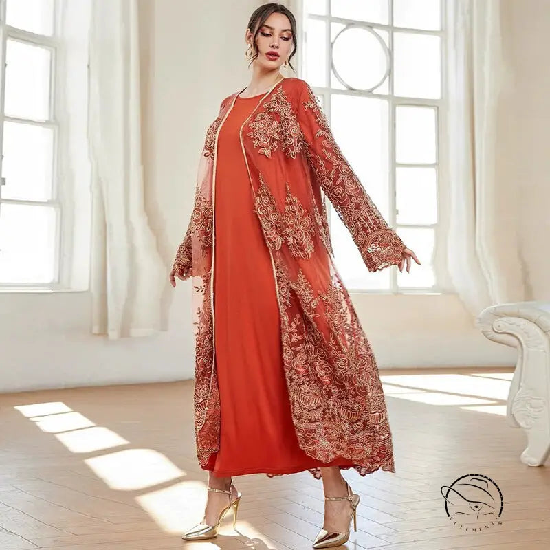 Flowing coral-orange langry fashion abaya with gold embroidery