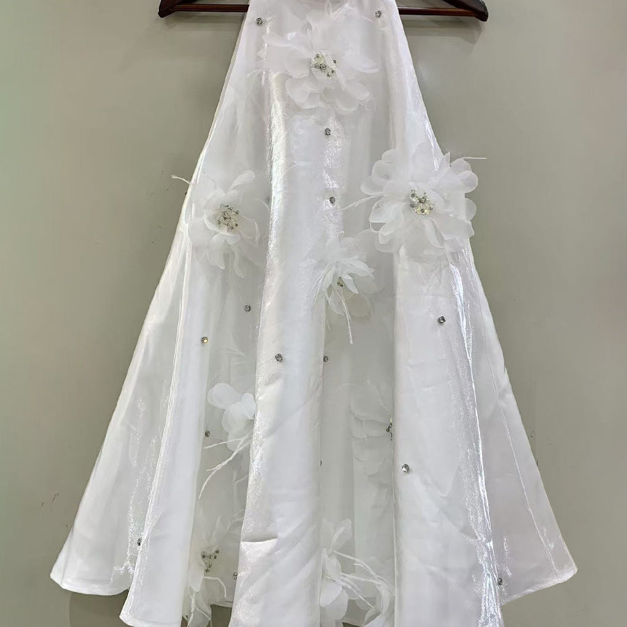 Elegant white halter dress with floral embellishments for women’s fashion ملابس