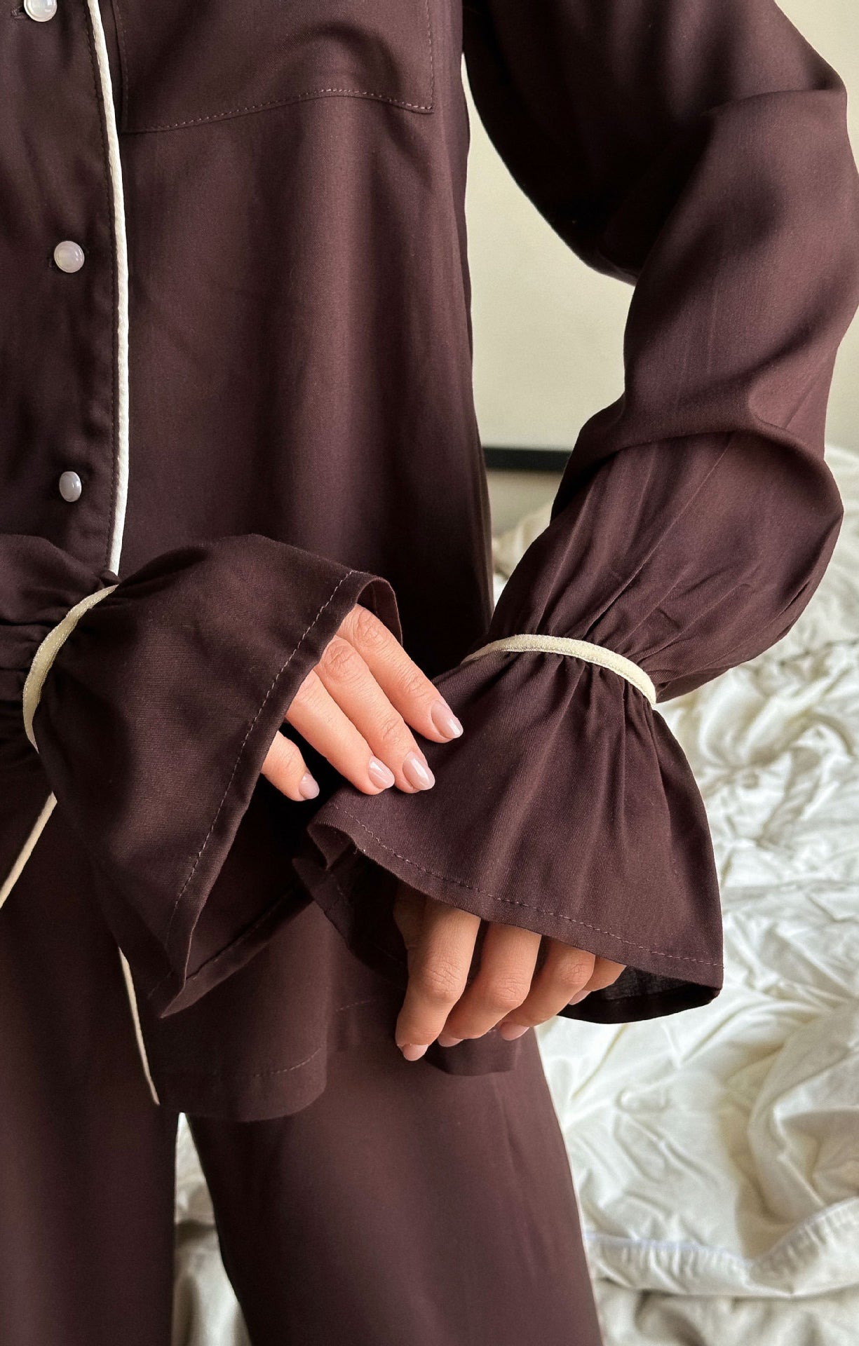 Langry brown satin pajama set with bell sleeves and piping details