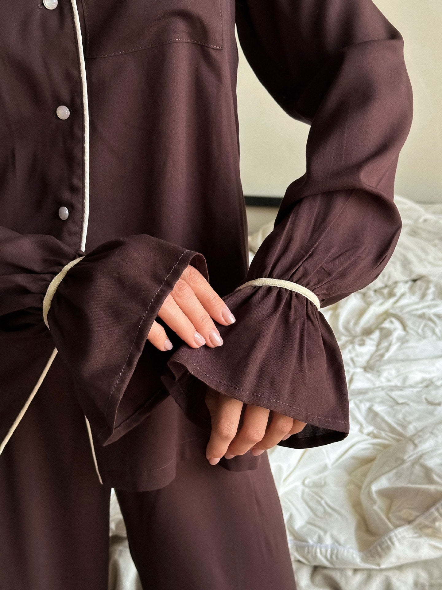 Langry brown satin pajama set with bell sleeves and piping details