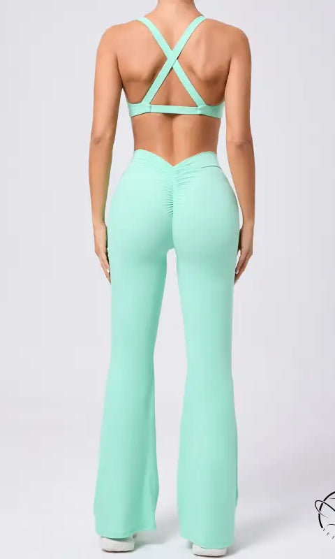 Peach hip raise tight brushed yoga clothes with mint green flared jumpsuit