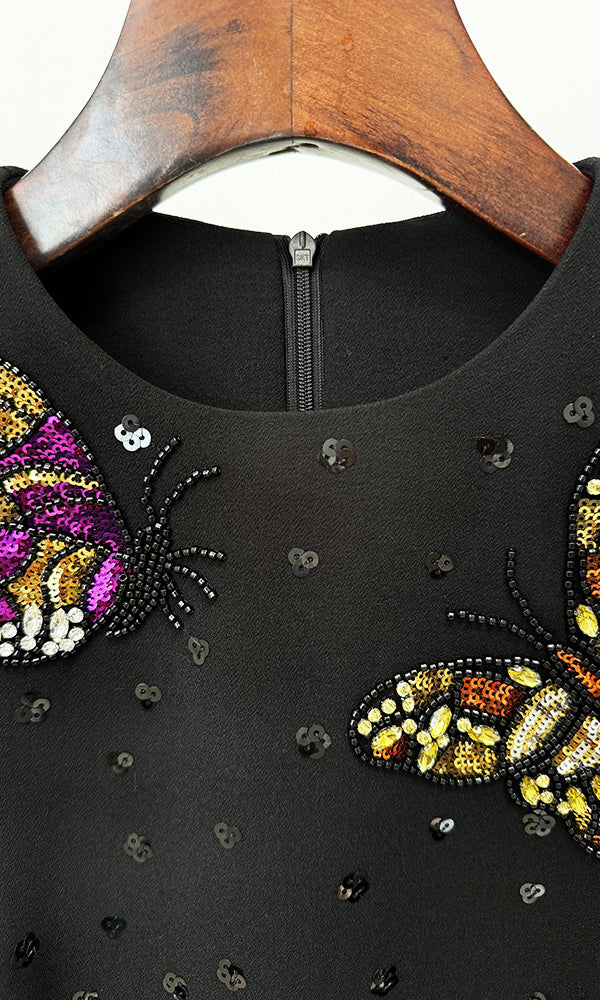 Elegant Diamond Butterfly Slim Vest Dress featuring black fabric and butterfly embellishments