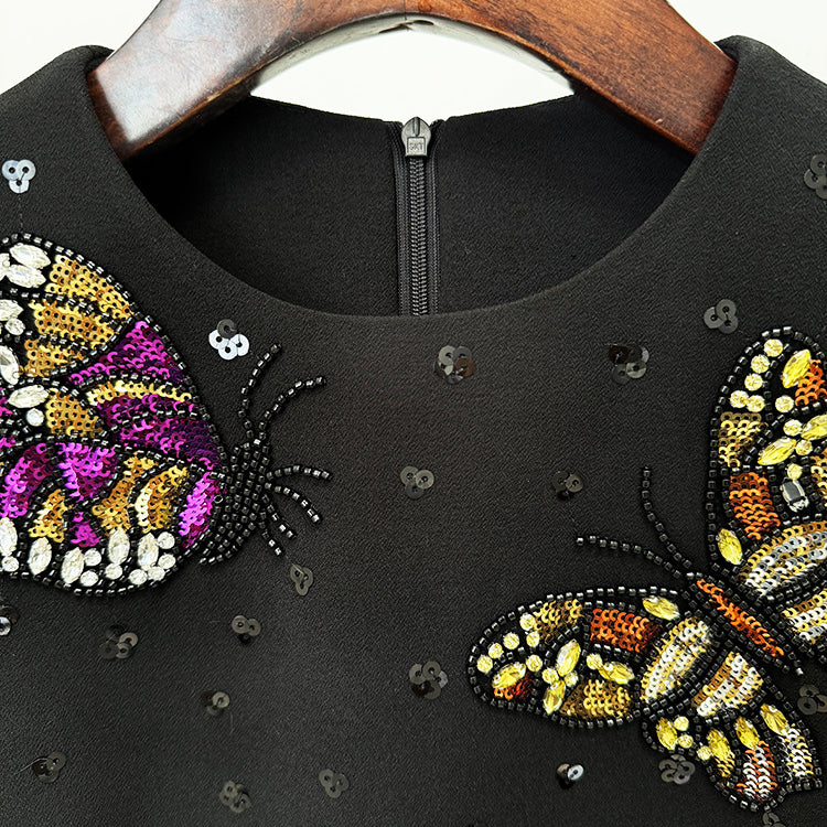 Elegant Diamond Butterfly Slim Vest Dress featuring black fabric and butterfly embellishments