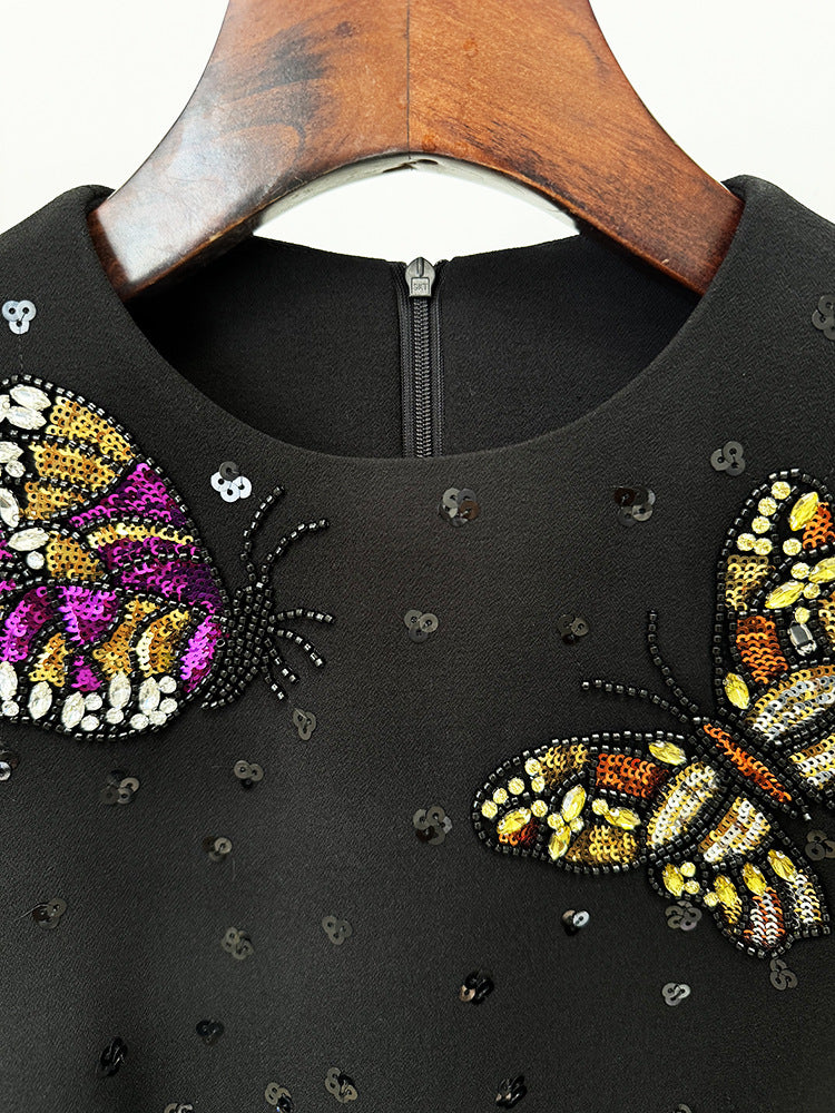 Elegant Diamond Butterfly Slim Vest Dress featuring black fabric and butterfly embellishments