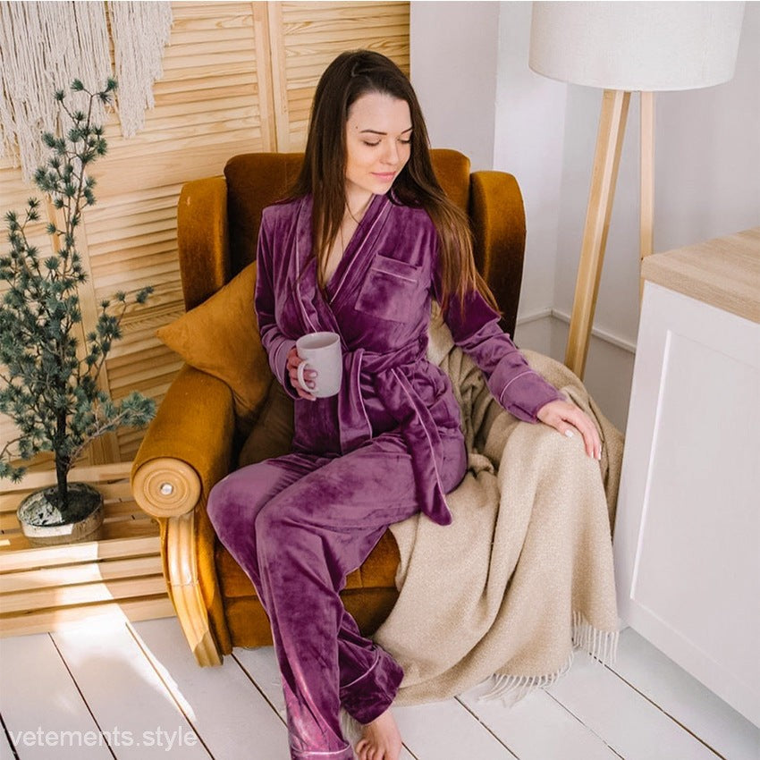 Woman wearing luxurious purple velvet warm pajamas for ultimate comfort and style