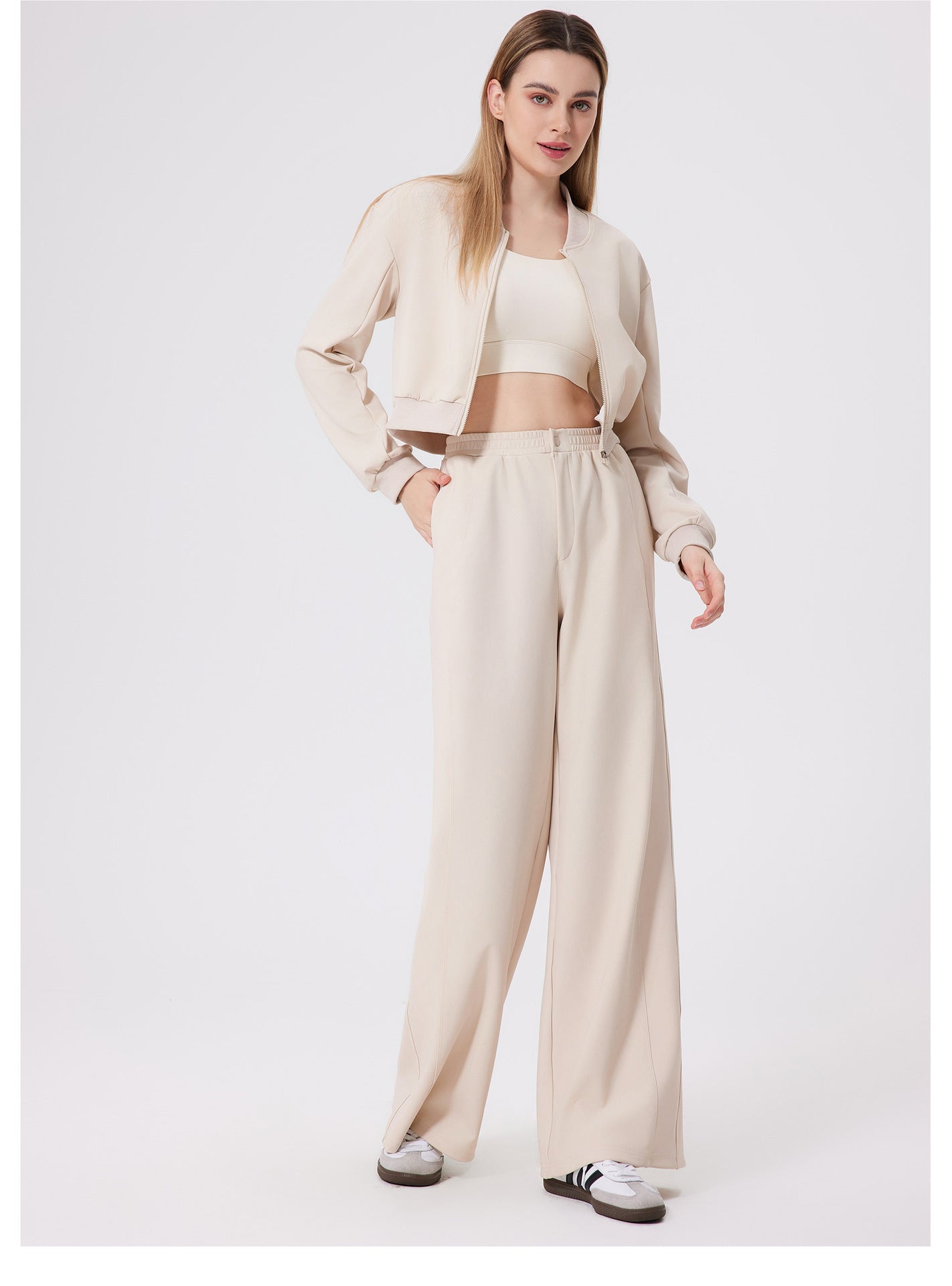 Beige minimalist cropped top, loose fitness warm pants, and matching jacket set