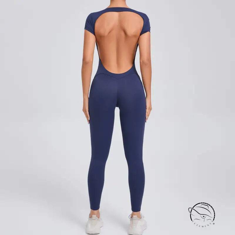 Navy blue backless langry yoga bodysuit in tight quick-drying fashion design