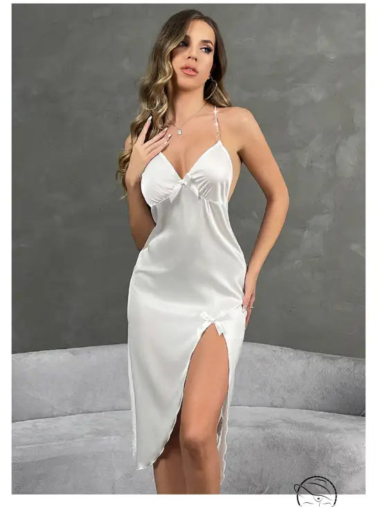 Elegant langry white satin slip dress with eyelash lace stitching and side slit