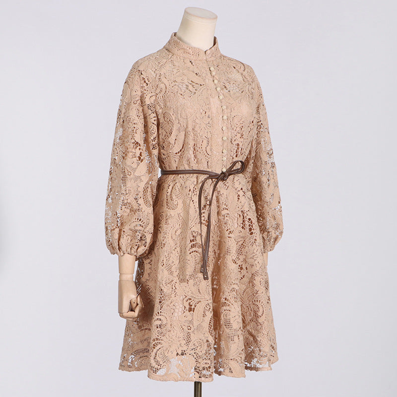 French Vintage Summer Round Neck Refined Handmade Lace Hollow out Cutout out Tied Long Sleeve Solid Color Women Dress