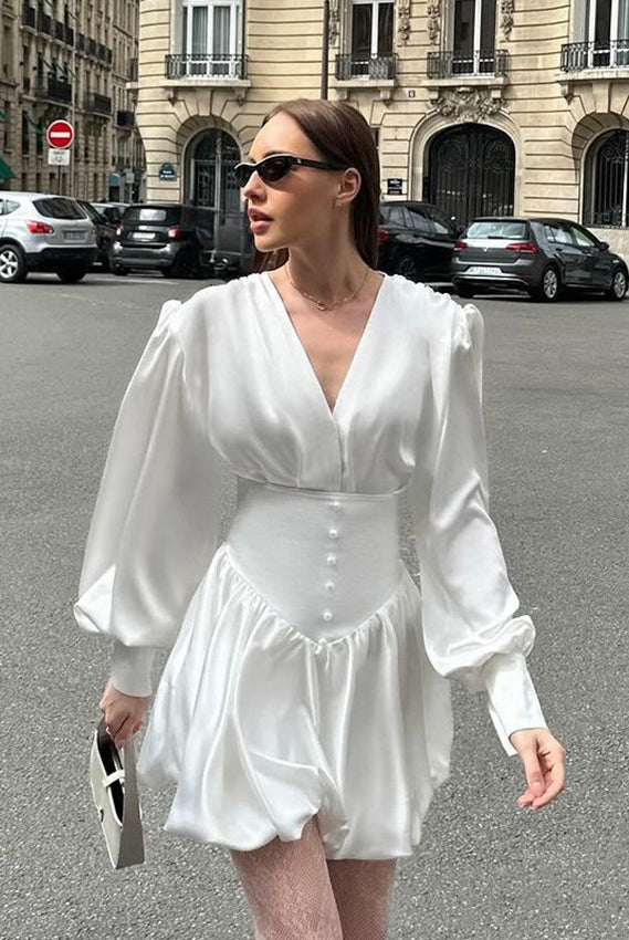 Elegant white satin mini dress with V Neck and lantern sleeves for stylish ملابس fashion