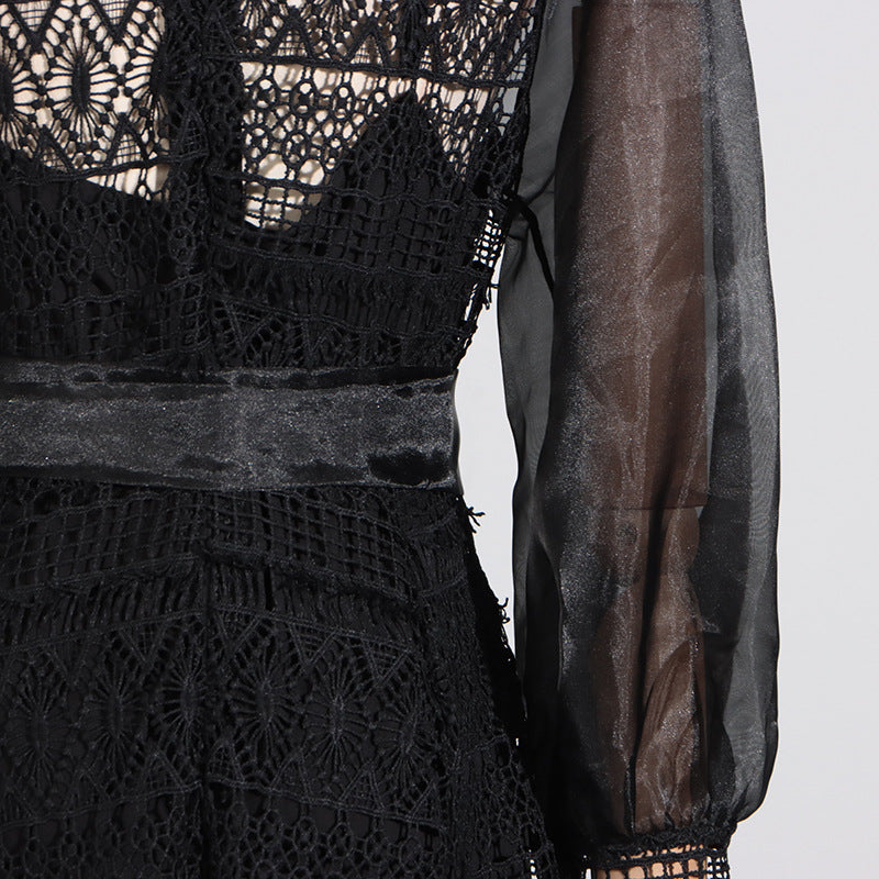 Elegant Black Lace Dress with Sheer Lantern Sleeves in Floral Stitching Design for Women