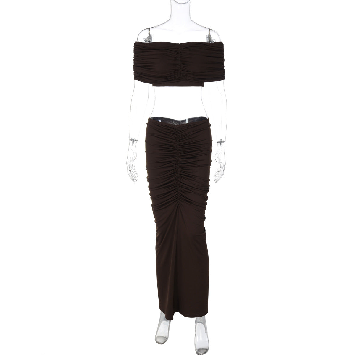 Brown off-the-shoulder crop top and ruched skirt set in trendy langry fashion, perfect ملابس