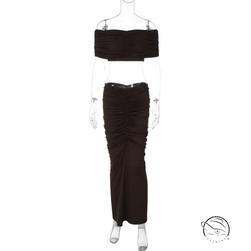 Stunning langry fashion brown off-shoulder crop top and ruched skirt set