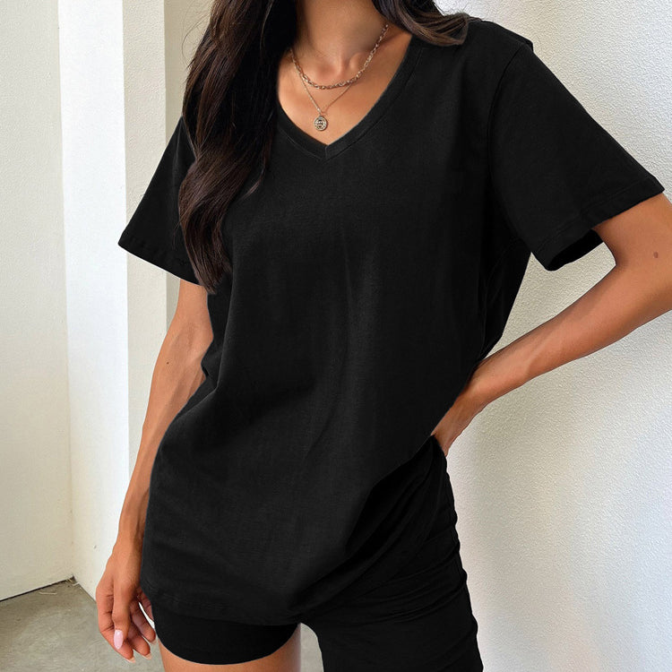 Black V-neck t-shirt and shorts loungewear set, perfect for casual fashion and comfort