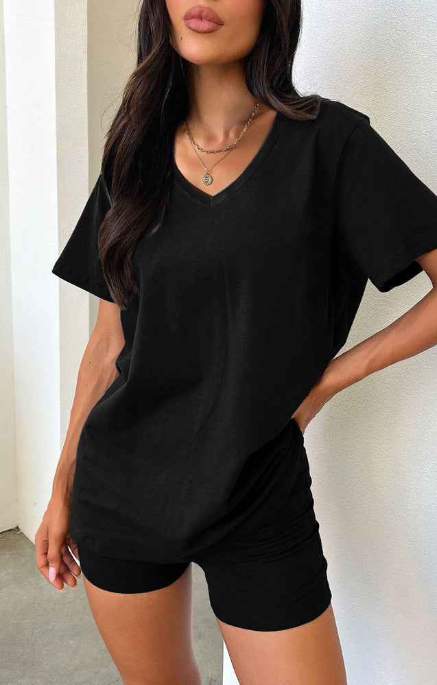 Black V-neck t-shirt and shorts loungewear set, perfect for casual fashion and comfort