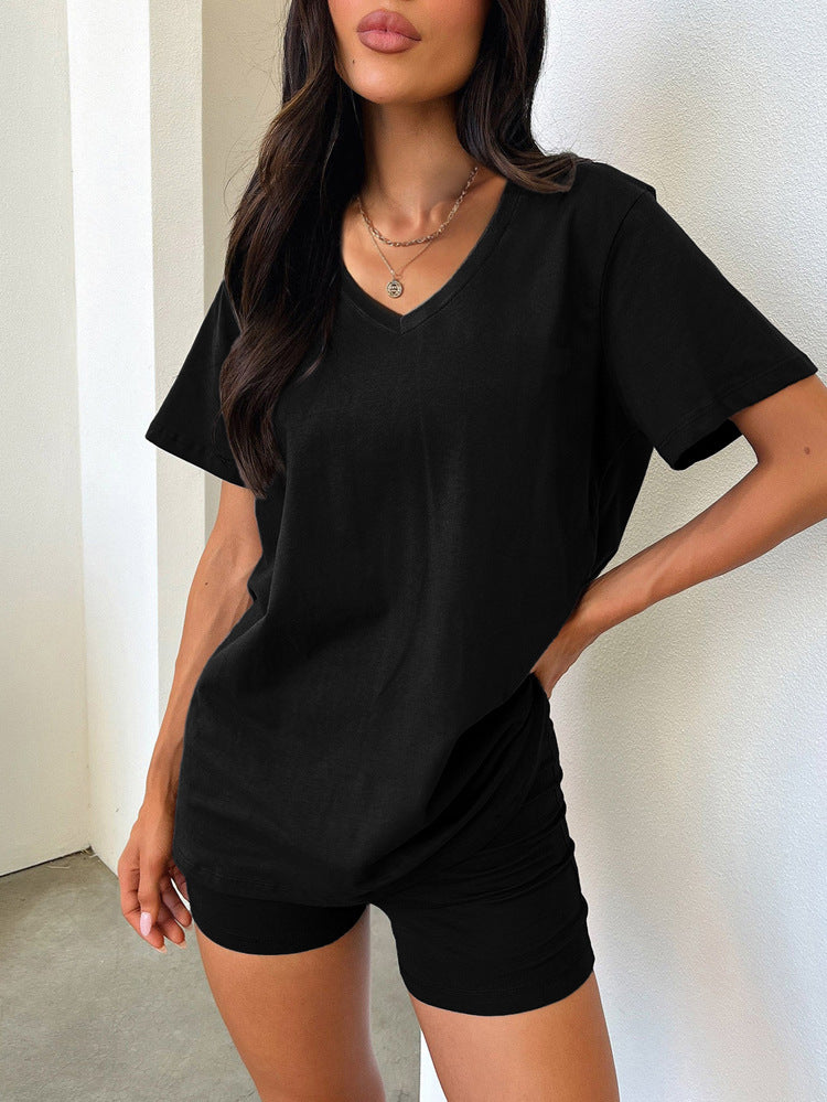 Black V-neck t-shirt and shorts loungewear set, perfect for casual fashion and comfort