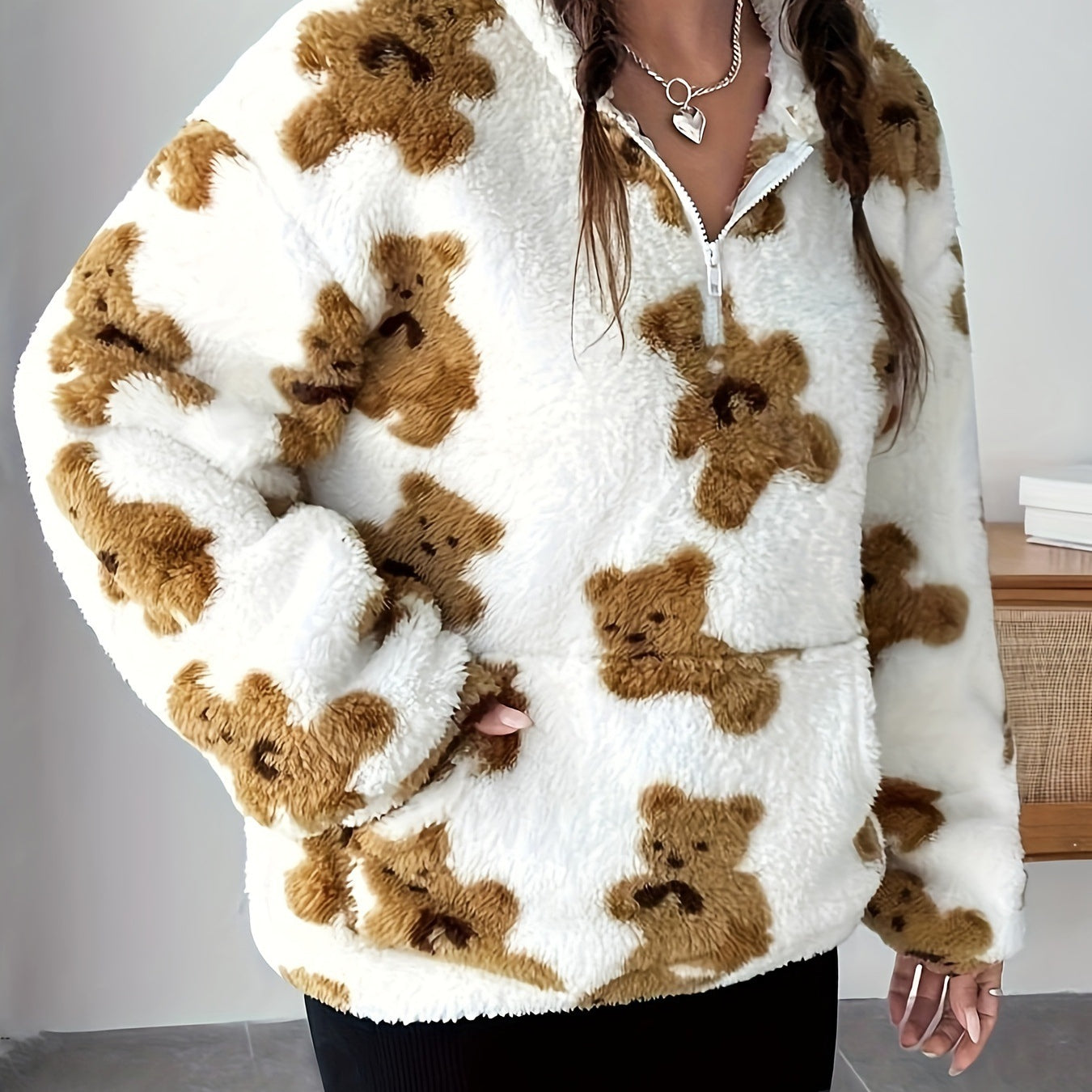 Fluffy white fleece pullover with teddy bear print, perfect for langry fashion ملابس