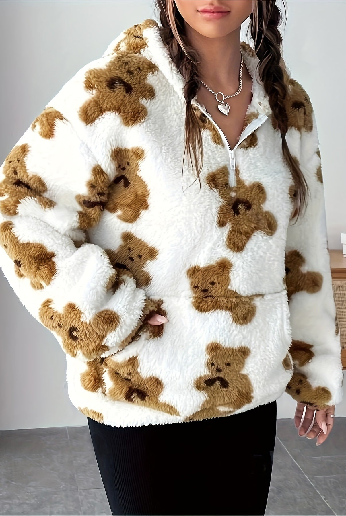 Fluffy white fleece pullover with teddy bear print, perfect for langry fashion ملابس