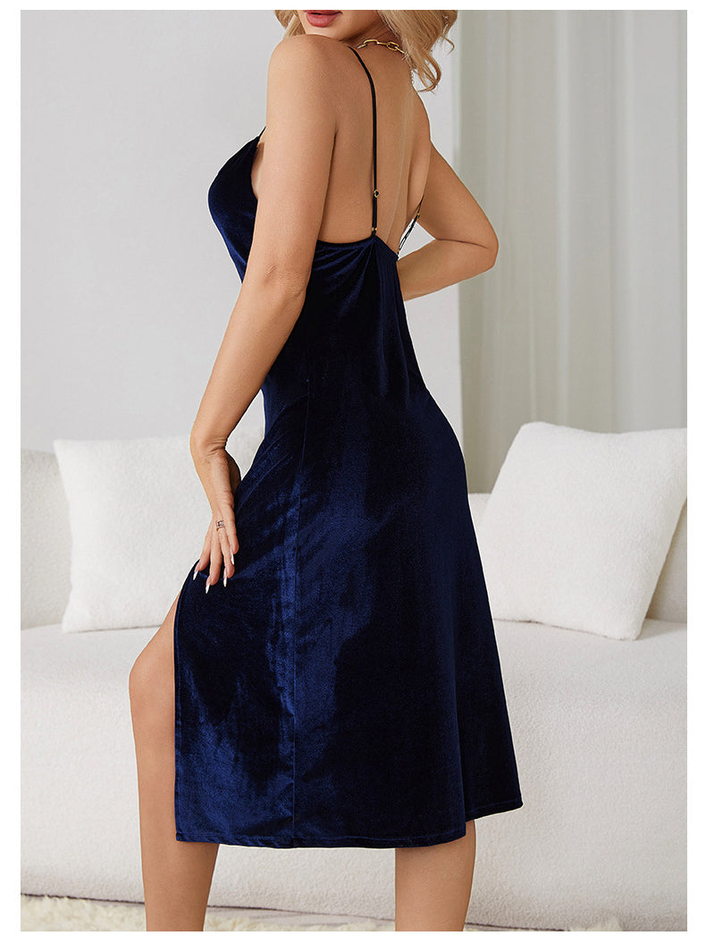 Langry navy blue velvet slip dress with spaghetti straps and high slit