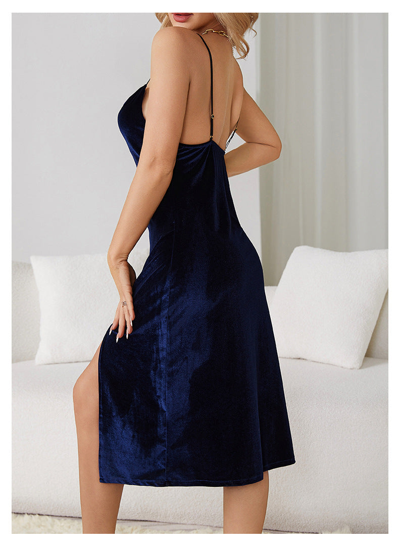 Langry navy blue velvet slip dress with spaghetti straps and high slit