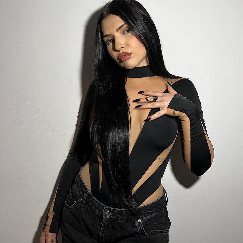 Woman in black cutout bodysuit from Summer Women Clothing Casual Mesh Stitching collection
