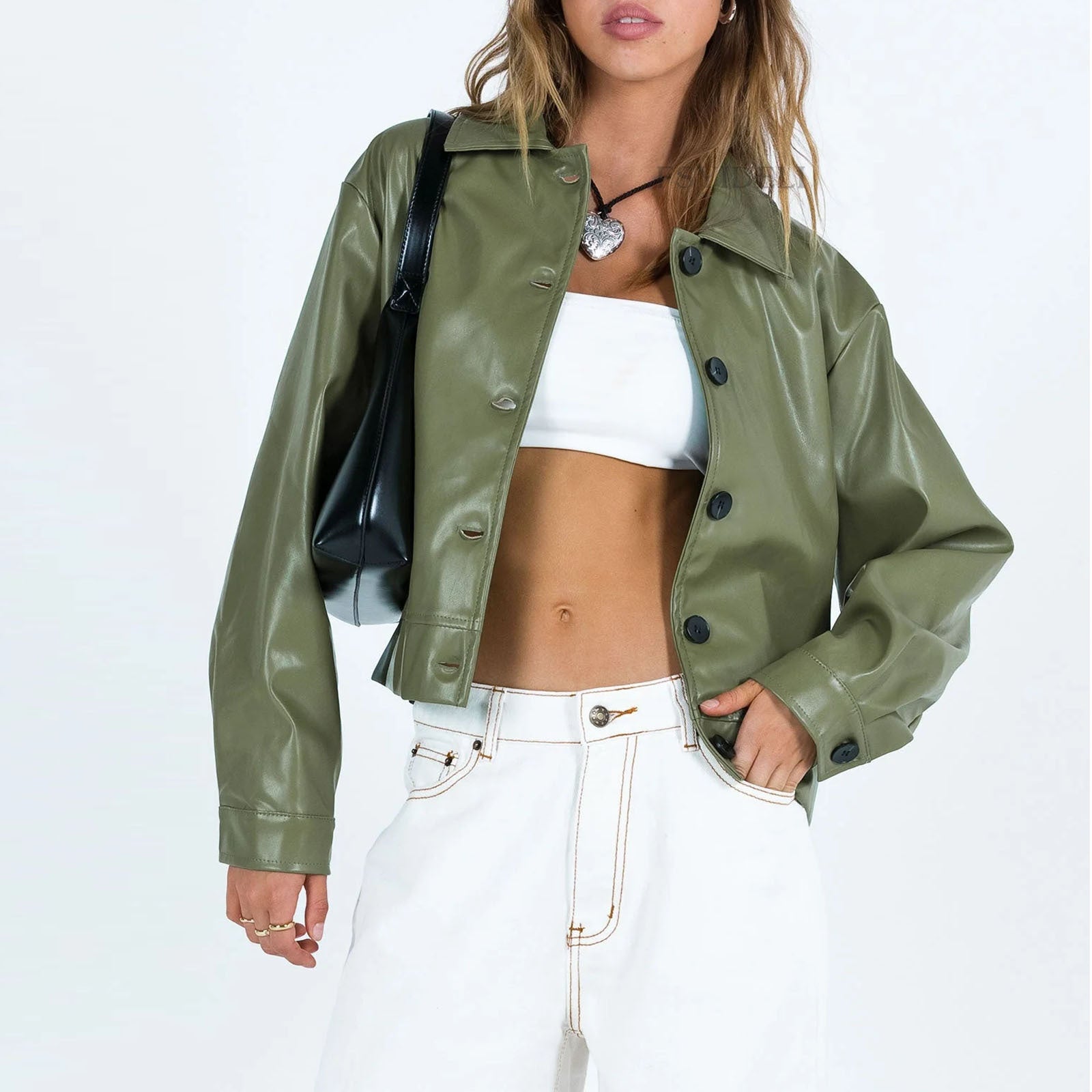 Langry olive green faux leather jacket with white trim