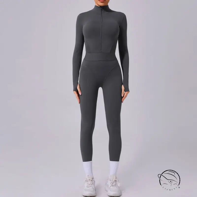 Gray comfy mesh stitching athletic jumpsuit by Langry fashion