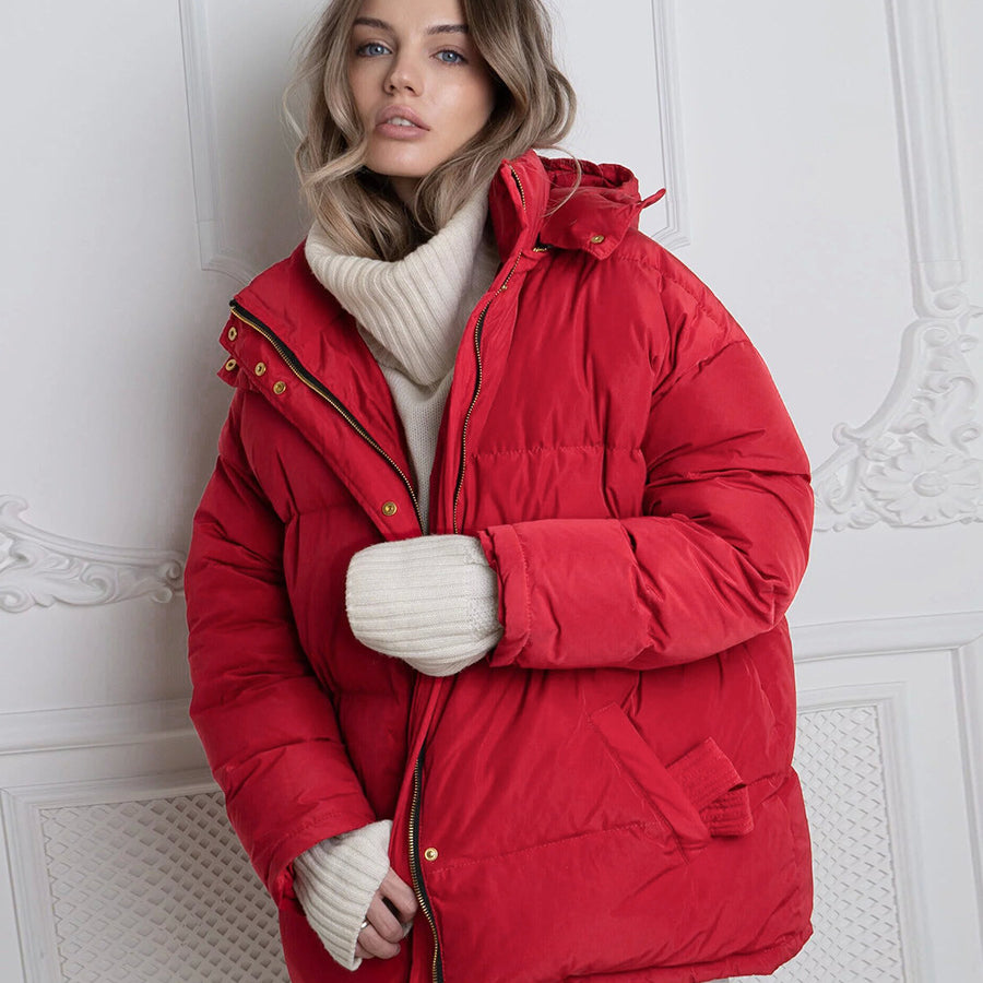 Red oversized puffer jacket with high collar and gold hardware from Langry Fashion ملابس