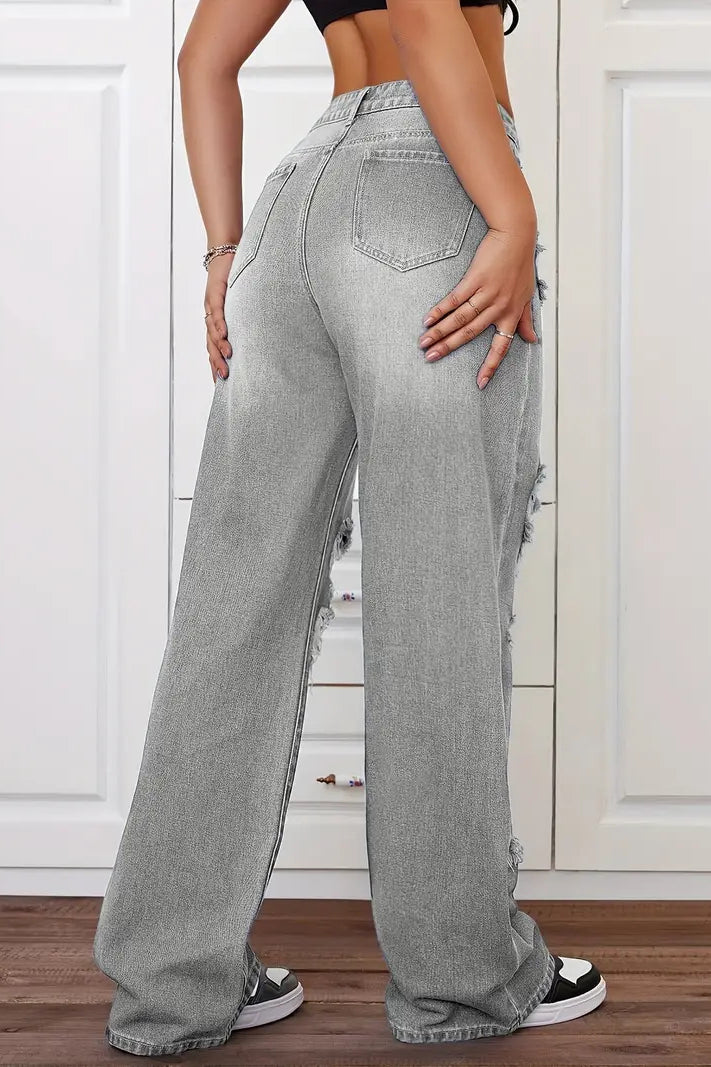 Gray Langry high-waisted ripped denim trousers with distressed fashion details
