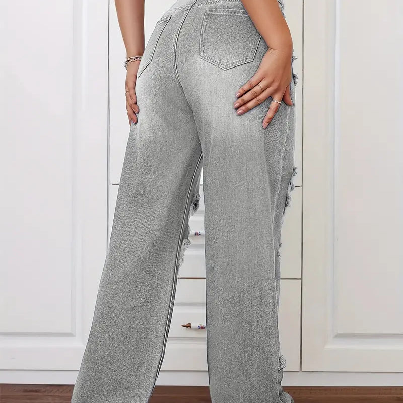 Gray Langry high-waisted ripped denim trousers with distressed fashion details