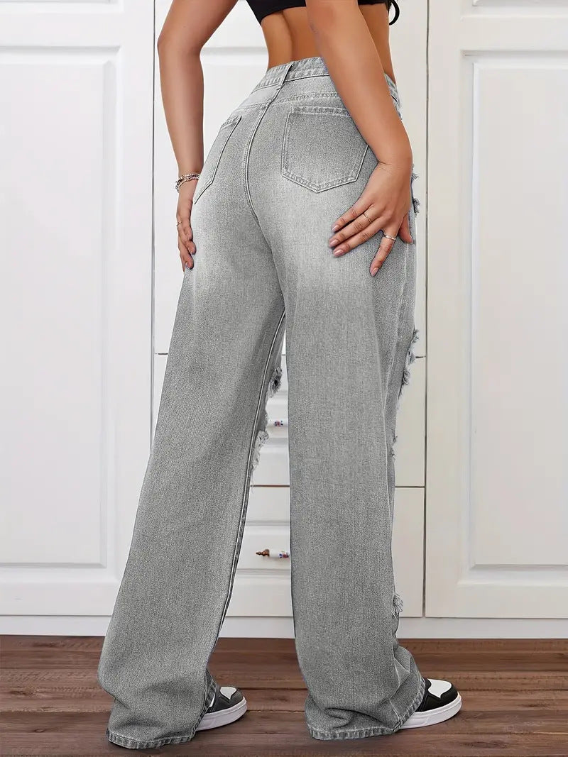 Gray Langry high-waisted ripped denim trousers with distressed fashion details