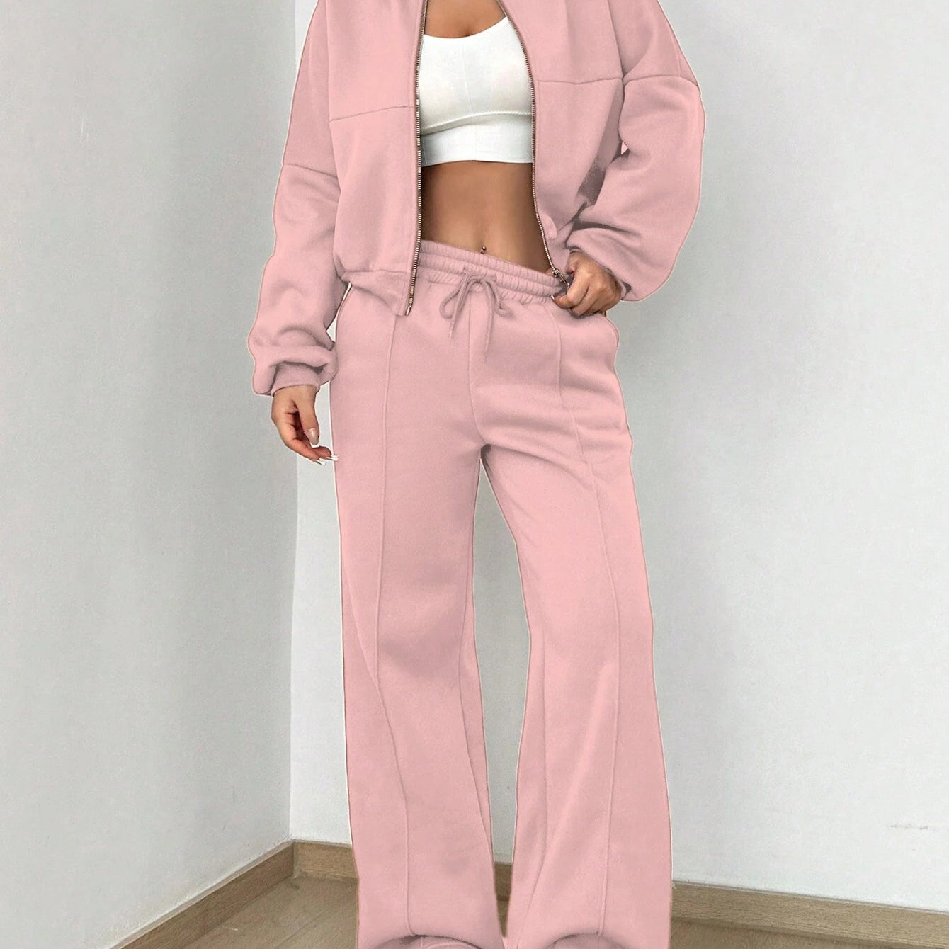 Pink tracksuit with white crop top from Trendy Cardigan Two Piece Set in modern fashion