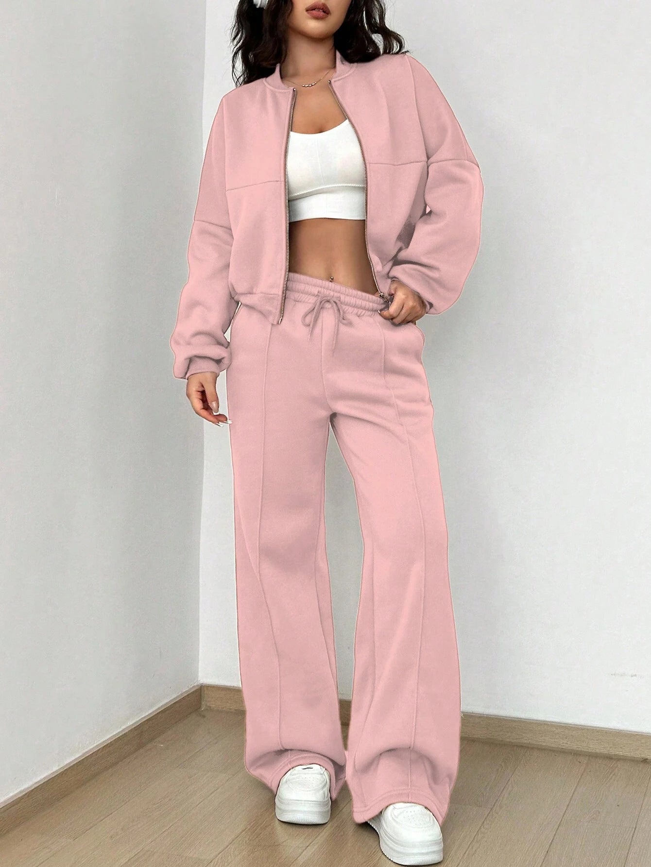 Pink tracksuit with white crop top from Trendy Cardigan Two Piece Set in modern fashion
