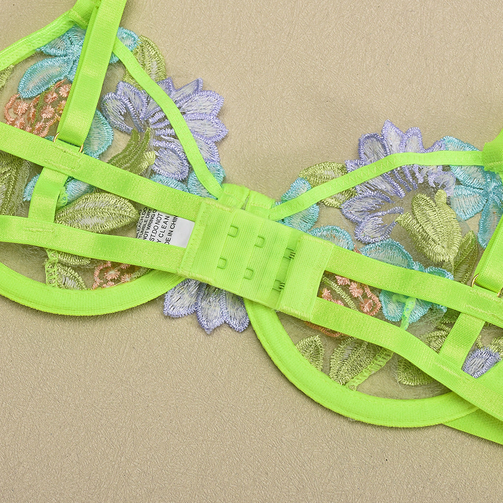 Neon green floral embroidered bra with underwear hanging neckband and neckband iron chain