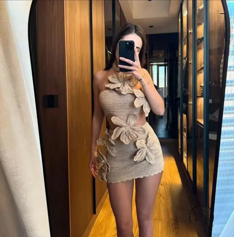 Beach holiday halter floral dress in beige knit with applique details