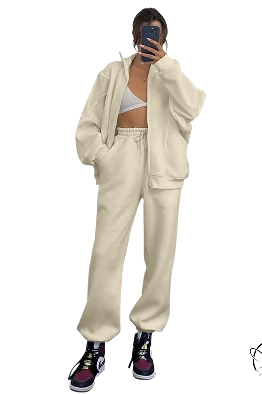 Cream-colored comfy stand collar cardigan sweater suit set