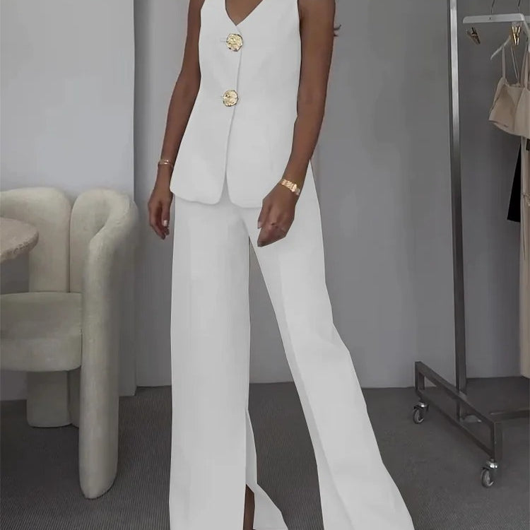 White sleeveless suit with gold buttons from Autumn Casual Women Clothing fashion collection