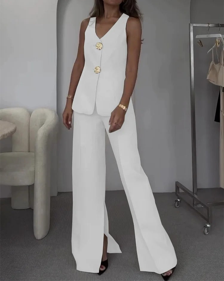 White sleeveless suit with gold buttons from Autumn Casual Women Clothing fashion collection