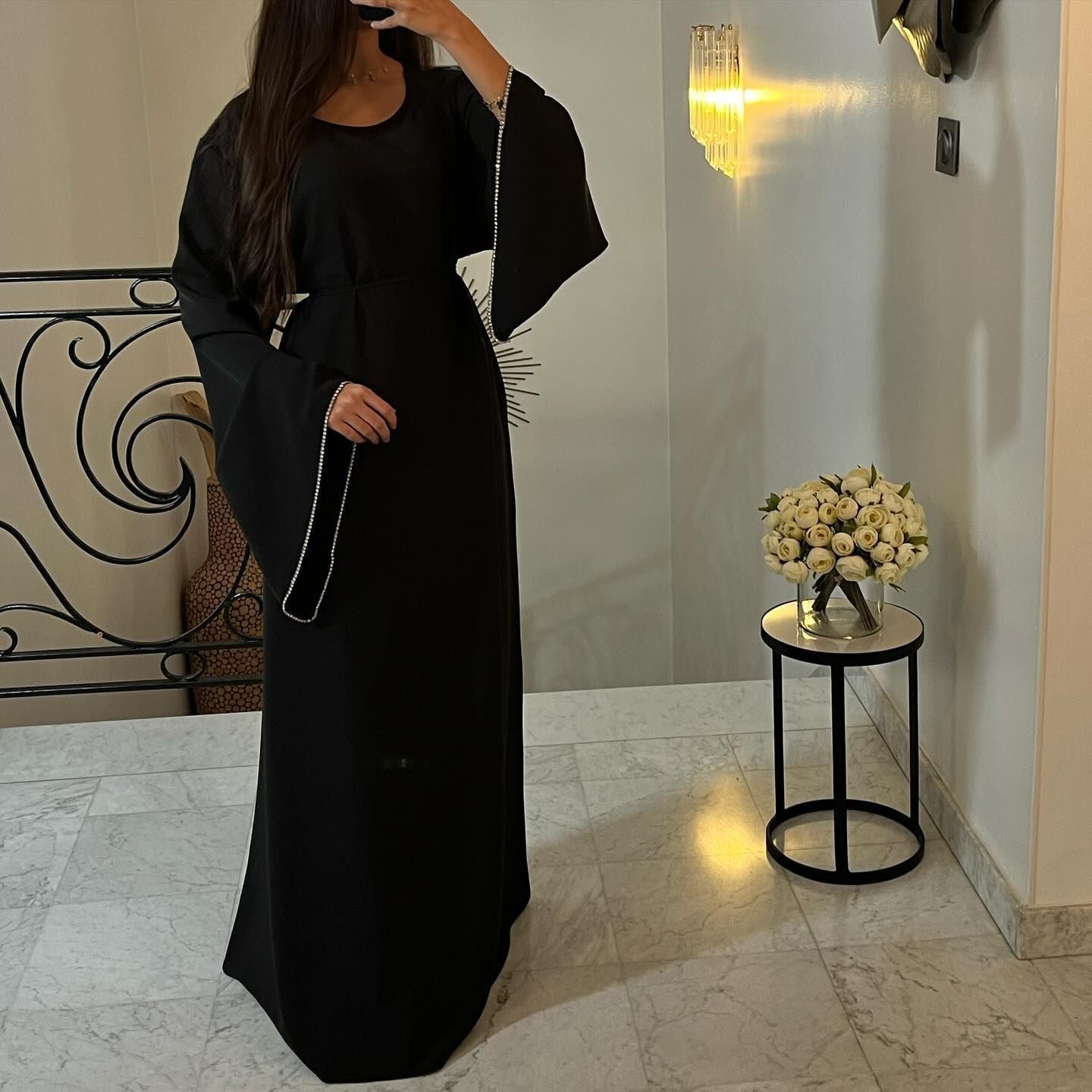Black abaya with embellished sleeves from Elegant Diamond Dress, a must-have in ملابس fashion
