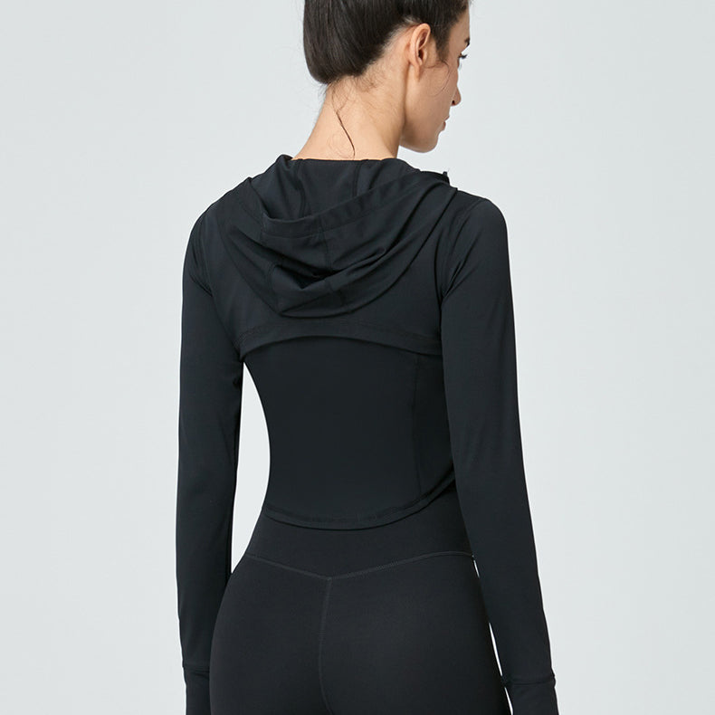 Black hooded long-sleeve athletic top for women, ideal for workout fashion and ملابس
